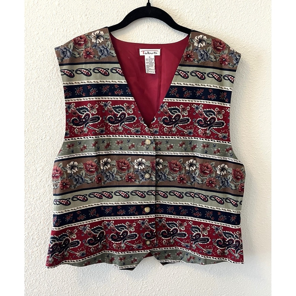 Vintage Talbots Vest Womens XL Red Floral Paisley 90s Retro Cottagecore